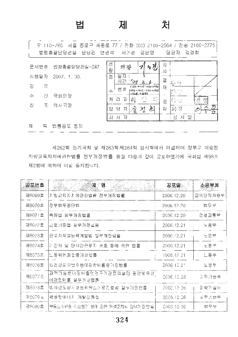 국회입법조사처법 공포 통지